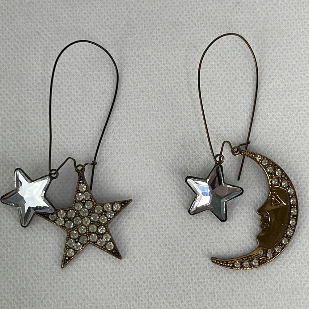 Brass Tone Star & Crescent Moon Crystal & Rhinestone Earrings